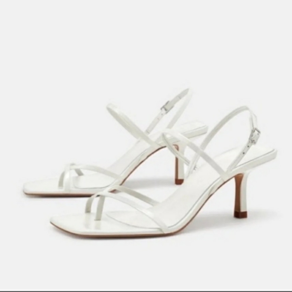 Zara White Heeled Leather Square Toe Sandals